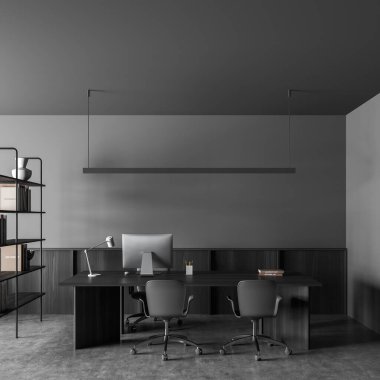 Masaüstü, rahat koltuğu, masası, kitapları, kitaplığı, lambası ve beton zemini olan karanlık ofis odası. Çalışma süreci için mükemmel bir yer. Minimalist tasarım. 3d oluşturma