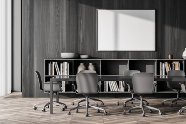 Ofis içi içi içi boş yatay tuvalle kaplı. Koyu ahşap duvar, büfe ve tekerlekli sandalyeli toplantı masası. Parke zemin. Model yap. Modern konferans odası kavramı. 3d oluşturma