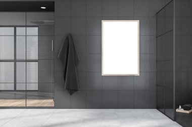 İçi boş ahşap çerçeveli gri duş odası duvarında cam bölmeler var. Açık gri fayanslı zemin. Modern iç tasarım konsepti. Model yap. 3d oluşturma