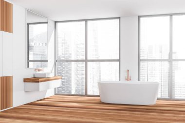 İki lavabo, küvet, meşe ağacı ahşap zemin Singapur şehri gökdelen manzaralı panoramik pencere. Sağlık için hijyenik ve spa prosedürleri kavramı. 3d oluşturma