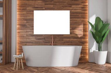 Modern banyo içinde ahşap görünümlü fayanslar üzerinde yatay poster oval siyah küvet, bakır musluk, trend tabure ve parke tarzı zemin. Ev ve otel tasarımı konsepti. Model yap. 3d oluşturma