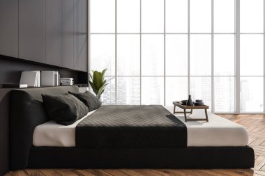 Gri ve beyaz yatak odalı, panoramik pencereli, şık raflı, sehpalı ve parke zeminli. Modern ev ve otel tasarımı kavramı. Yan görüş. 3d oluşturma