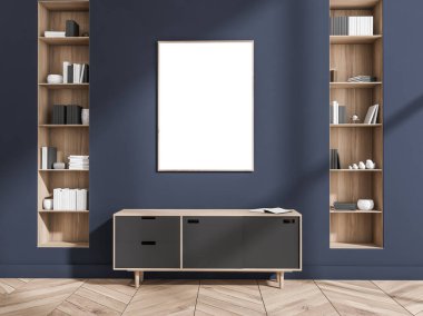 Oturma odasının mavi duvarındaki boş tuval. Çağdaş tasarım iki dar raf ve parke döşemeli büfe kullanıyor. Modern ev tasarımı kavramı 3D oluşturma modeli