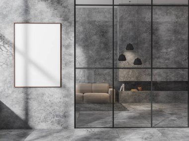 Modern oturma odasının içinde bej bir kanepe var. Kapılar ve beton zemin kapalı. Kitap lambaları için raflar. Duvardaki boş çerçeve, 3B görüntüleme