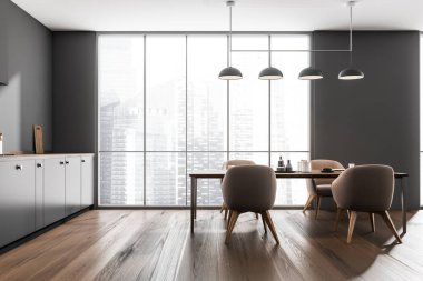 Karanlık mutfak odasının iç tarafında yemek masası, dört sandalye, Singapur şehri gökdelen manzaralı panoramik pencere, meşe ağacından zemin ve masa. Çağdaş minimalist tasarım. 3d oluşturma