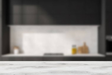 Modern siyah mutfağın bulanık arka planında beyaz kaplamalı açık ahşap masa. Ürün gösterimi kavramı. Model yap. - Yakın çekim. 3d oluşturma