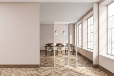 Cam kapılar ardında ahşap sandalyeler, parke zemin. Minimalist mobilyalarla dolu kapalı bir yemek odası. Boşluk boş duvarını kopyala, 3B oluşturma