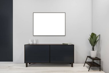 Beyaz Saray 'ın iç kısımlarındaki koyu mavi gri şifoniyerin üzerinde yatay tuval ve küçük raflarda açık ahşap döşeme. Modern tasarım trendleri kavramı. Model yap. 3d oluşturma