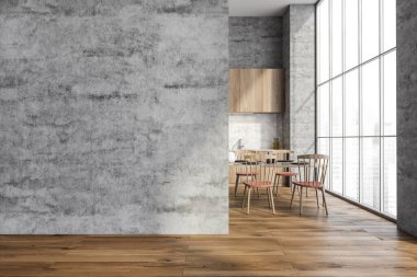 Panoramik mutfağın koridorunda boş beton duvar ve yemek masası. Parke zeminli minimalist iç mekan. Modern tasarım konsepti. 3d oluşturma