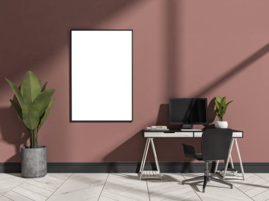 İçerisi siyah koltuklu, masa masası bilgisayarlı ve saksıda bitki yetiştirmeli. Parke zemininde mobilya ve teknoloji olan bir işyeri. Kahverengi duvara boş çerçeve kopyala, 3B görüntüleme