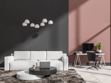 Kahve sehpası ve dizüstü bilgisayarı olan beyaz kanepe, çalışma alanı parke zeminde masa ve bilgisayar. İşyeri ve uzay kahverengi duvarını kopyala, 3D görüntüleme