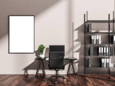 Açık bej rengi ofis içi boş tuval trend kişisel masa, raf ünitesi, ofis sandalyesi ve koyu ahşap parke zemin. Modern çalışma alanı tasarımı kavramı. Model yap. 3d oluşturma