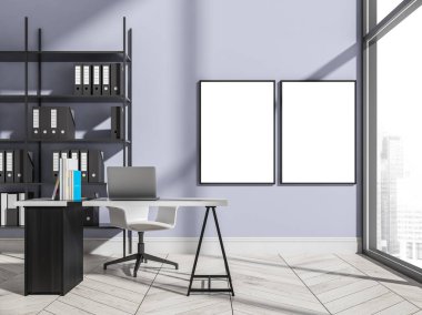 Masası ve bilgisayarı olan bir yönetici odası, dokümanlar için raflar. Beyaz parke zeminde mobilyaları ve teknolojisi olan bir işyeri. Pencerenin yanında iki adet boş çerçeve kopyala, 3B görüntüleme