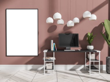 Masası ve bilgisayarı olan parlak bir ofis, saksıda bitki. Beyaz parke zeminde mobilyaları ve teknolojisi olan bir işyeri. Alan çerçevesini kahverengi duvara kopyala, 3B görüntüleme