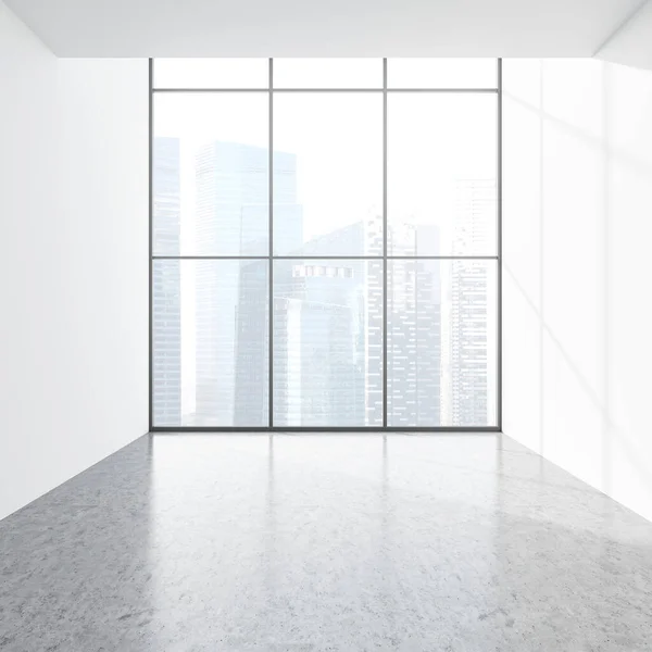 轻便的写字楼内饰灰色混凝土地板 空旷的开放空间大厅与全景窗 新加坡摩天大楼 复制空白墙壁 3D渲染 — 图库照片