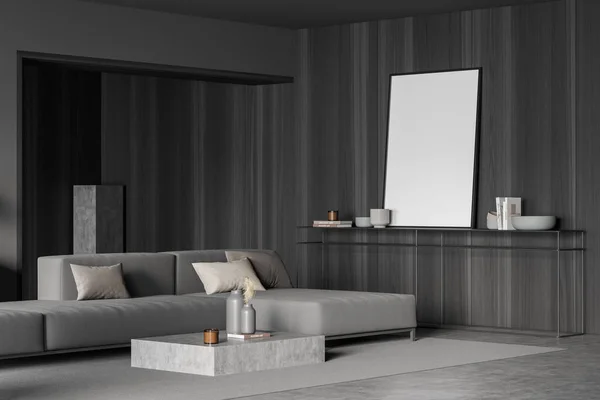 Wohnzimmerecke Aus Modernem Holz Mit Trendgrauem Design Sofa Leinwand Attrappe — Stockfoto
