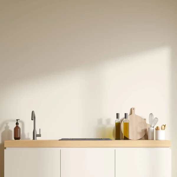 Helle Kücheneinrichtung Mit Leerer Grauer Wand Spüle Elektroherd Schreibtisch Löffel — Stockfoto