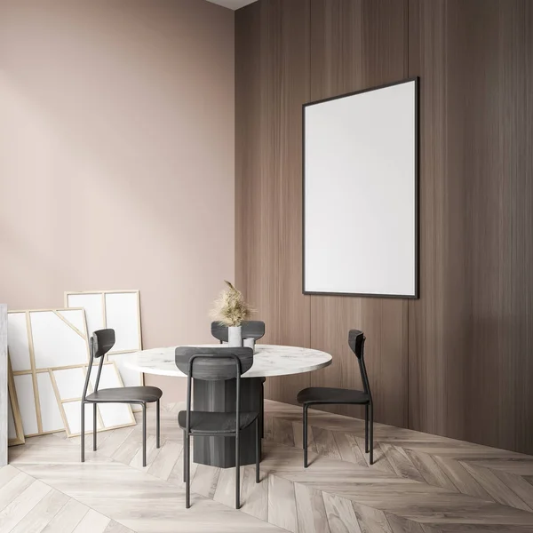 Lienzo Sobre Pared Madera Salón Beige Con Mesa Redonda Blanca — Foto de Stock