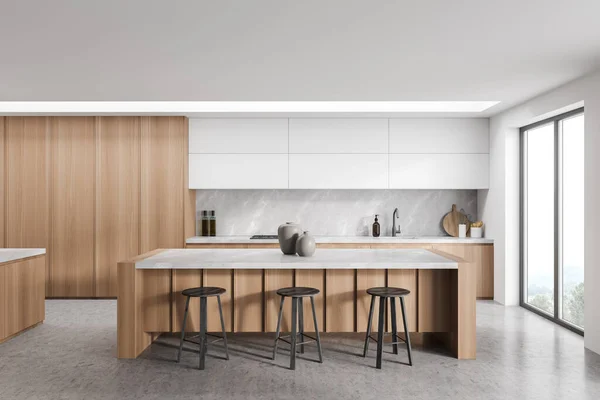 Interior Cozinha Minimalista Com Design Branco Cinza Materiais Madeira Café — Fotografia de Stock