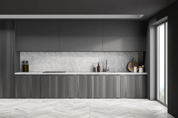 Dark Grey Kitchen Cabinet Interior Modern Wood Materials Minimalist Design — Stock Photo, Image