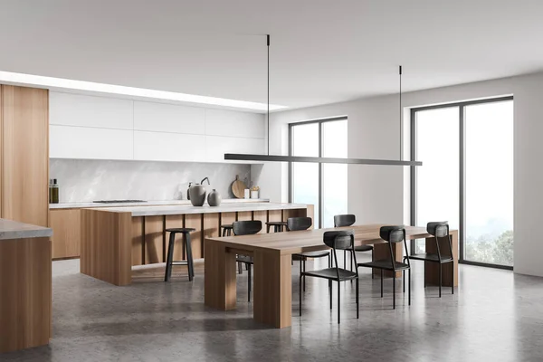 Panoramic wood kitchen with white and grey colours in interior design, using on trend light over dining table, home bar and concrete floor. Concept of modern kitchen space. Corner view. 3d rendering