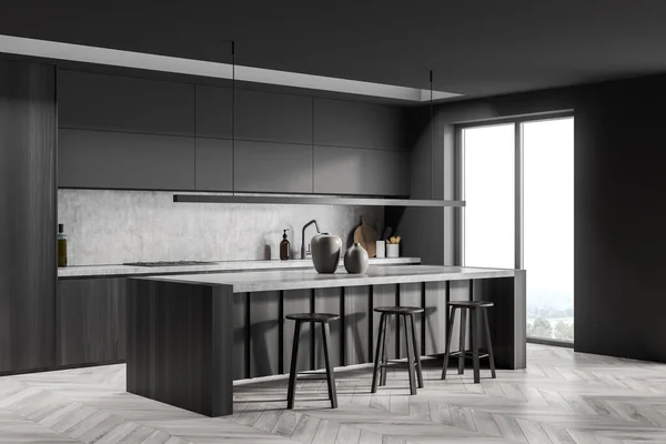 背景为深灰色厨房内部角落 有早餐吧和简约厨房柜 调调音设计与线性光和拍地板 欧洲风格的概念 3D渲染 — 图库照片