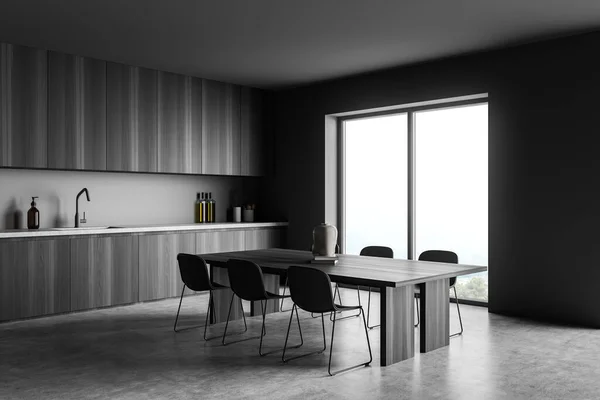 キッチンキャビネット ダイニングテーブル 6つの椅子 コンクリートの床とパノラマビューと暗い灰色のインテリアのコーナービュー 木材を使用して 現代的なシンプルなデザイン 最小限の概念 3Dレンダリング — ストック写真