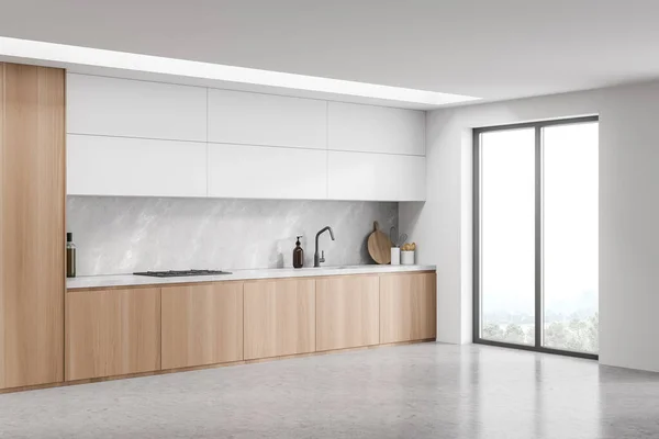 风格新颖的木制厨房 橱柜上部为白色 背面为浅灰大理石 全景窗和混凝土地板 现代室内设计的概念 角落的观点 3D渲染 — 图库照片