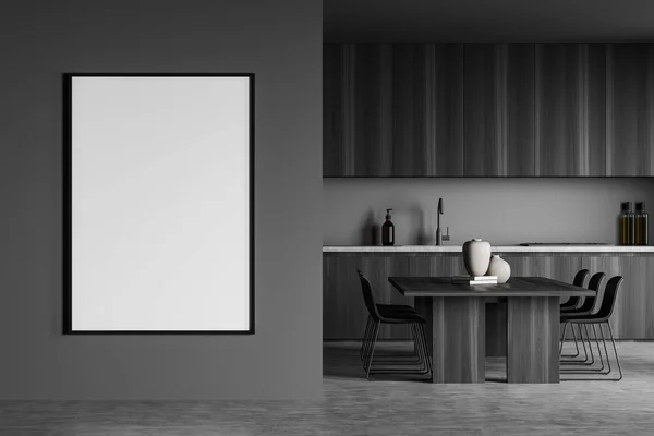 空荡荡的框架在简约的黑暗灰色厨房内部与餐桌 混凝土地板 木柜和趋势椅子 现代公寓设计的概念 把它弄坏了3D渲染 — 图库照片