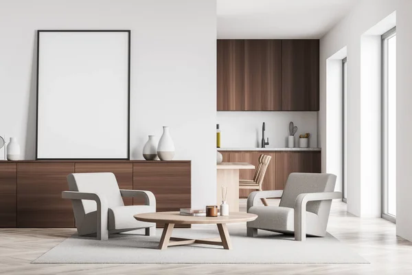 Standing canvas next to white wall in beige seating area and kitchen on background. Modern design, using dark wood cabinets and light wood parquet floor. Mock up. 3d rendering