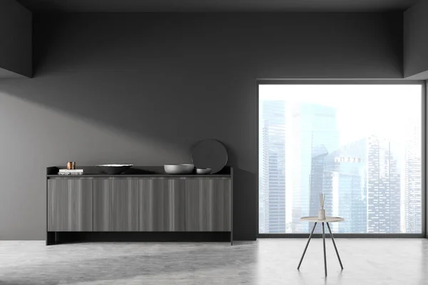 Dark living room interior with panoramic window with Singapore city view, coffee table, sideboard, mirror and concrete floor. Concept of minimalist design for chill. 3d rendering