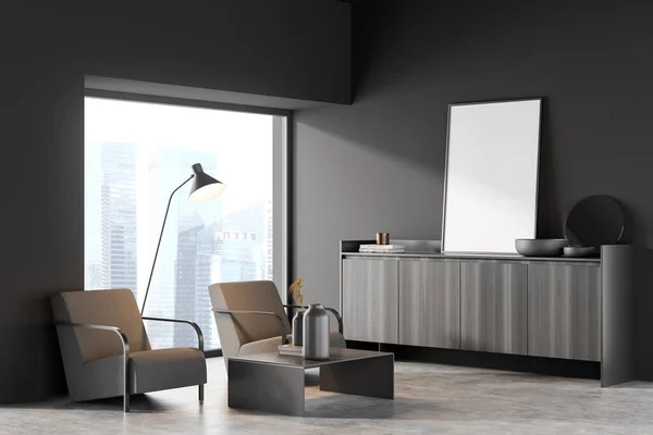 Corner view on dark living room interior with empty white poster, panoramic window with Singapore view, sideboard, armchairs and concrete floor. Concept of minimalist design for chill. 3d rendering