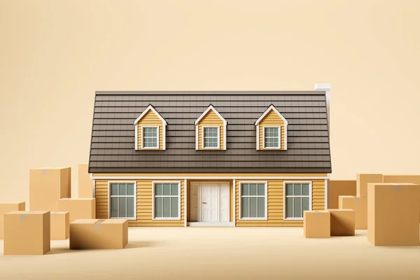 黄色ベージュの背景にボックス付き戸建住宅のモデル 移転不動産の概念 閉鎖だ 3Dレンダリング — ストック写真