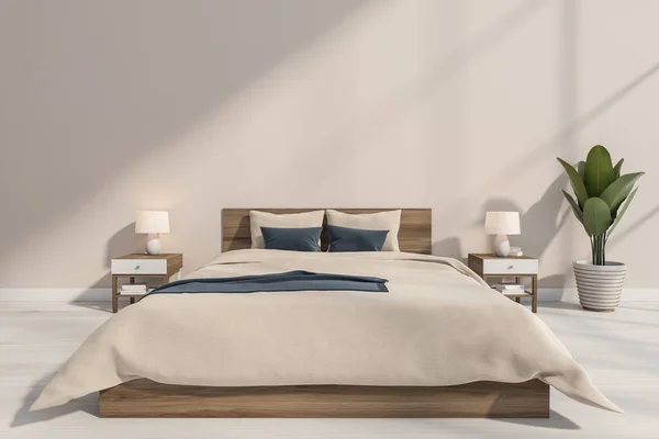 Elegante Quarto Bege Com Cama Madeira Parede Vazia Almofadas Azuis — Fotografia de Stock