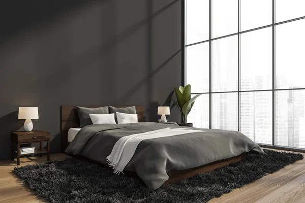 Hoek Van Panoramische Grijze Slaapkamer Interieur Met Witte Details Bed — Stockfoto