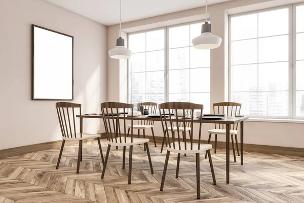 Light eating room interior with wooden chairs and table on parquet floor, side view. Minimalist dining room and panoramic window with city view. Copy space blank frame, 3D rendering