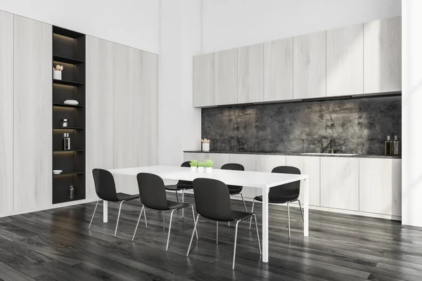 Hjørnet Elegant Svart Hvitt Kjøkkeninteriør Med Minimalistiske Treskap Spisebord Med – stockfoto