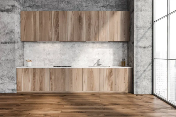 Cozinha Simples Com Armários Madeira Parede Concreto Piso Parquet Interior — Fotografia de Stock