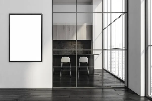 现代简约厨房走廊的空帆布 配有早餐吧 造型美观 采用黑色花束地板 框架玻璃和白色 最低纲领的概念 3D渲染 — 图库照片