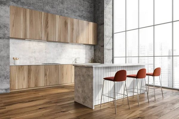 Moderni Interni Panoramici Con Tavolo Bar Bianco Colazione Sgabelli Rossi — Foto Stock