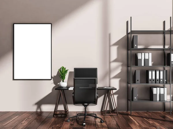 清澈的画布 浅色米色的经理办公室内部 有流行的个人书桌 办公椅和深色木地板 现代工作空间设计的概念 把它弄坏了3D渲染 — 图库照片