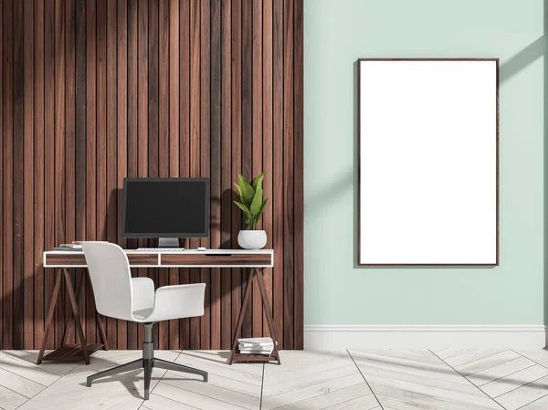 Moldura Branca Mockup Parede Verde Interior Home Office Com Painéis — Fotografia de Stock