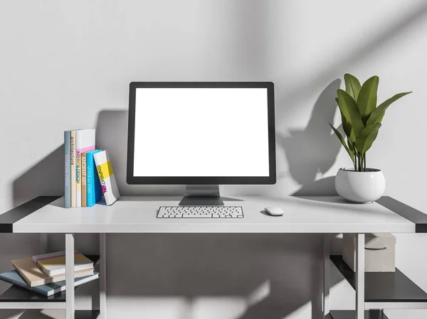 Light Manager Room Interior White Table Desk Keyboard Mouse Books — Stock Photo, Image