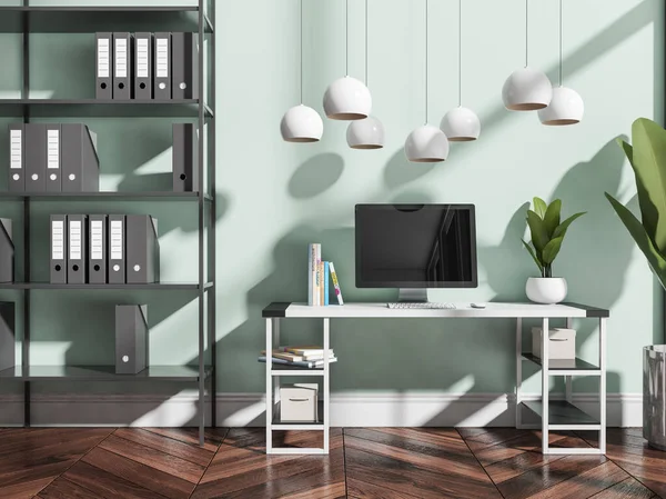 Business room interior with white table and pc with keyboard, plant in pot and metallic rack for folders, parquet floor. Working space with desk, 3D rendering