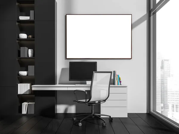 白と黒の家具 街の景色を望む窓 机の上のPc ラックの本 黒の寄木細工の床とオフィスの部屋のインテリア コピースペース空白のフレーム 3Dレンダリング — ストック写真
