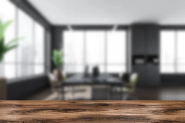 Wooden Desk Foreground Background Dark Office Room Interior Armchairs Computers — Stock Photo, Image