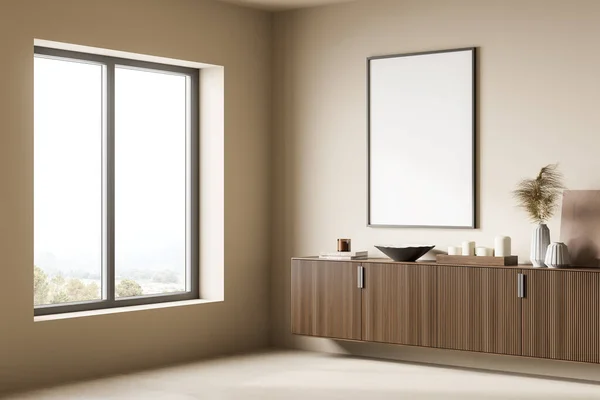 Rohový Pohled Prázdný Interiér Plátnem Oknem Příborníkem Obývacím Pokoji Jednoduchý — Stock fotografie