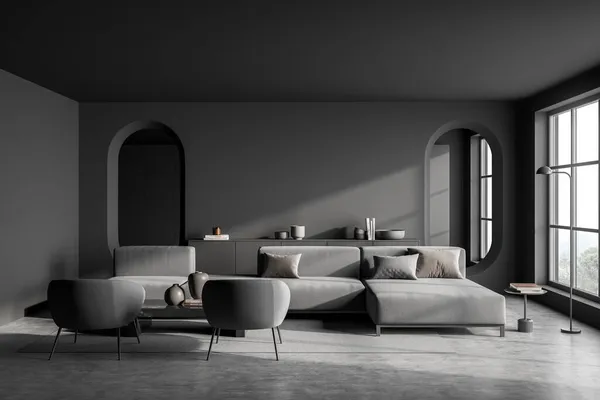 Moderno Salón Gris Oscuro Interior Con Dos Espejos Ovalados Sofá — Foto de Stock