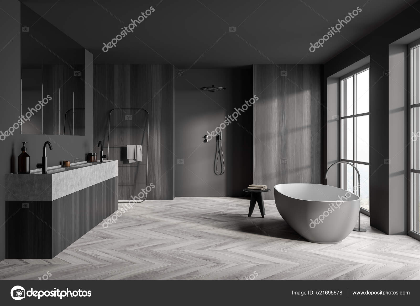 Dark Grey Bathroom Interior Open Shower Wood Materials Double
