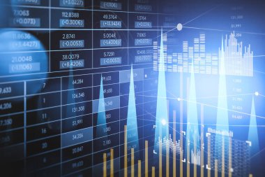 Borsa ve fintech kavramı. Lacivert arkaplanda tırnak içinde bulanık beyaz ve sarı dijital tablolar. Fütürist finansal arayüz. 3d oluşturma